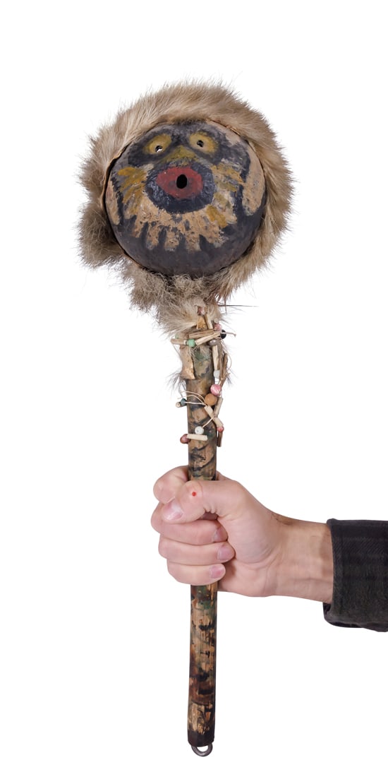 Monkey Rattle by Tattoo Artist Gus Wagner (Kansas, ca. 1925) Length: 20 in. (x 50.8 cm.): Monkey Rattle by Tattoo Artist Gus Wagner(Kansas, ca. 1925)Coconut rattle with painted monkey face by Gus Wagner (1872-1941), probably Clements, Kansas, ca. 1925. Paint on coconut and wood with beaded