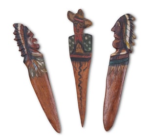 Indian Chiefs and Mexican Cowboy Letter Openers by Tattoo Artist Gus Wagner (Kansas, ca. 1925) 7 in.