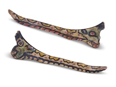 Pair of Painted Bone Snakes by Tattoo Artist Gus Wagner (Kansas, ca. 1925) Each: 8 in. (x 20.3 cm.)