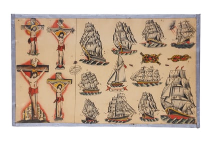 Crucifixion and Ship Tattoo Designs by Sailor George Fosdick (Portland, 1923) 12 x 20 in. (30.5 x
