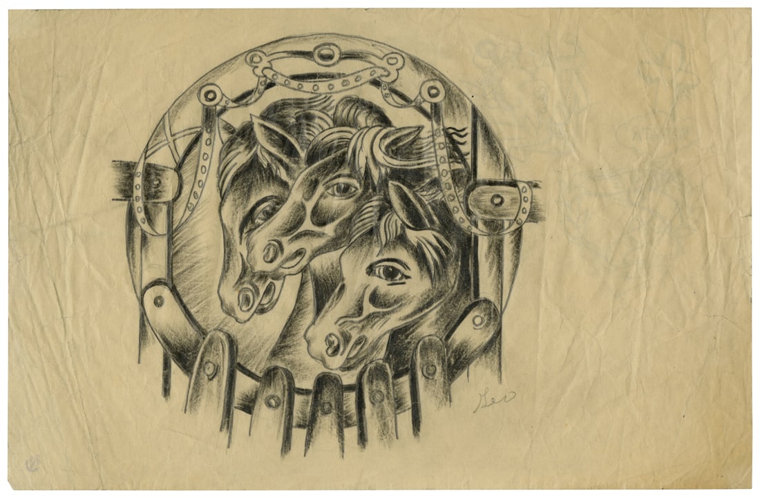 "Pharaoh's Horses" Tattoo Design by "Sailor" George Fosdick (Portland, Oregon, ca. 1925) 8 1/2 x 13: "Pharaoh's Horses" Tattoo Design by "Sailor" George Fosdick(Portland, Oregon, ca. 1925)Hand-drawn tattoo flash art by "Sailor" George Fosdick (1885?1946), Portland, Orego