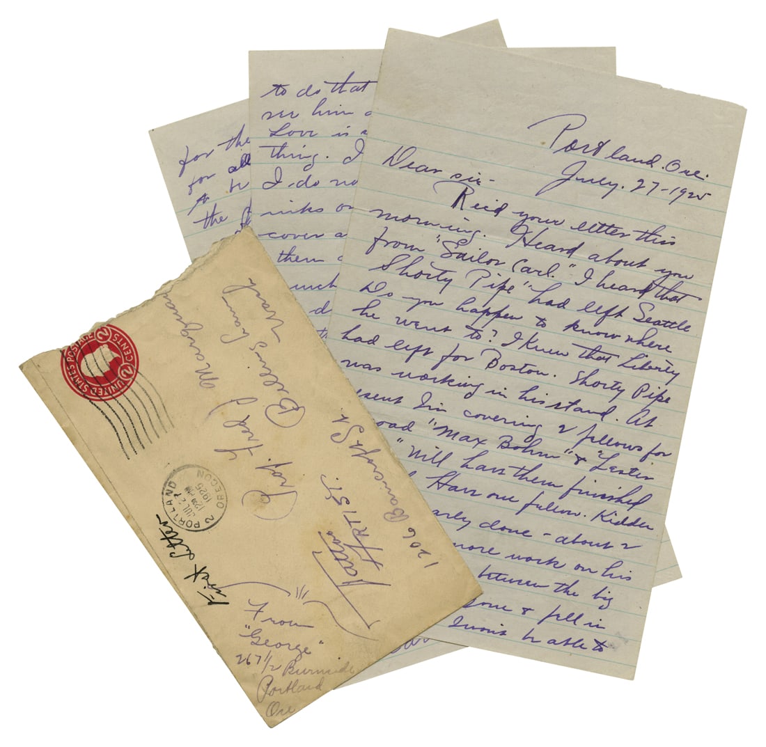 Letter from Tattoo Artist "Sailor" George Fosdick to Fred Marquand (Portland, Oregon, 1925) Letter: (1 of 3)