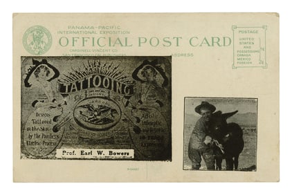 Postcard of Tattoo Artist Earl Bowers (San Francisco, ca. 1915) 3 1/2 x 5 1/2 in. (8.9 x 14 cm.)