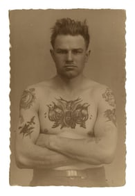 Postcard of Tattooed Oregon Man (Oregon, ca. 1935) 5 1/2 x 3 1/2 in. (14 x 8.9 cm.)
