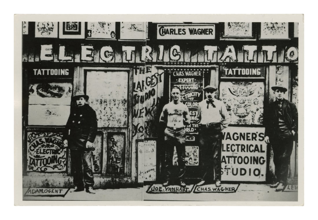 Postcard of Charlie Wagner's Tattoo Shop (America, ca. 1950) 3 1/2 x 5 1/2 in. (8.9 x 14 cm.) (1 of 2)