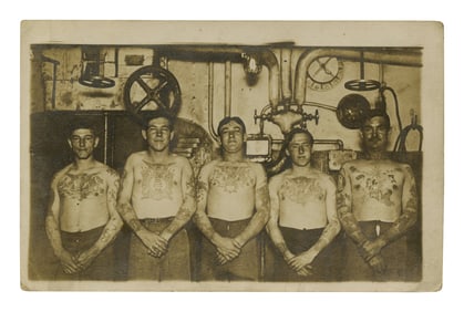 WWI Postcard of Tattooed US Navy Sailors (America, ca. 1915) 3 1/2 x 5 1/2 in. (8.9 x 14 cm.)