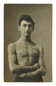 Postcard of Tattoo Artist Nick Melroy (Milwaukee, ca. 1920) 5 1/2 x 3 1/2 in. (14 x 8.9 cm.)