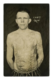 Postcard of Tattoo Artist Chet Cain (America, ca. 1925) 5 1/2 x 3 1/2 in. (14 x 8.9 cm.)