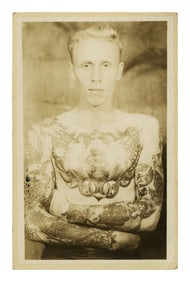 Postcard of Man Tattooed by "Sailor Jerry" Collins (Honolulu, ca. 1935) 5 1/2 x 3 1/2 in. (14 x 8.9