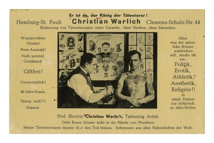 Postcard of Tattoo Artist Christian Warlich (Hamburg, Germany, ca. 1930) 3 1/2 x 5 1/2 in. (8.9 x 14