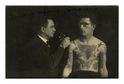 Postcard of Tattoo Artist Christian Warlich (Hamburg, ca. 1930) 3 1/2 x 5 1/2 in. (8.9 x 14 cm.)