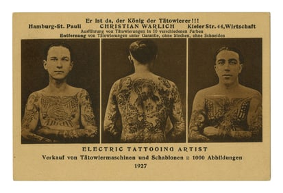 Promotional Postcard for Tattoo Artist Christian Warlich (Hamburg, 1927) 3 1/2 x 5 1/2 in. (8.9 x 14