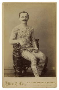 Cabinet Card Photograph of Tattooed Man (San Francisco, ca. 1888) 6 1/2 x 4 1/2 in. (16.5 x 11.4: Cabinet Card Photograph of Tattooed Man(San Francisco, ca. 1888)Depicting an unidentified tattooed man by Allen & Co., 1227 Market Street, San Francisco, California, ca. 1888. Albumen print on card mo