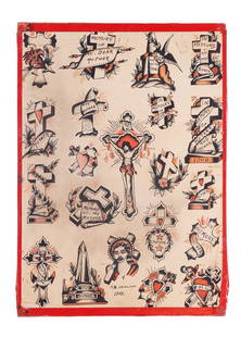 Crucifix and Other Religious Tattoo Designs by Ted Hamilton (Illinois, 1942) 17 1/2 x 12 1/2 in.: Crucifix and Other Religious Tattoo Designs by Ted Hamilton (Illinois, 1942) Hand-painted tattoo flash by traveling tattoo artist Ted Hamilton, probably Illinois, 1942. Ink and watercolor on Monogram