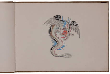 Early Book of Tattoo Designs (1912) 9 1/2 x 12 1/2 in. (24.1 x 31.8 cm.): Early Book of Tattoo Designs (1912) This lot is partially illustrated. Exceptional and large book of hand-painted tattoo flash, probably by a Norwegian-born tattoo artist, ca. 1912. Inside cover