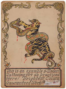 Tiger and Snake Tattoo Sign by Curly Allen (Vancouver, ca. 1950) 20 x 15 in. (50.8 x 38.1 cm.): Tiger and Snake Tattoo Sign by Curly Allen (Vancouver, ca. 1950) Hand-painted tattoo flash sign by John Weatherhead (1908-1979), better known as Curly Allen, Vancouver, Canada, ca. 1955. Ink and