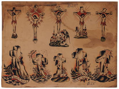 Crucifix Tattoo Designs by Unknown Artist (Boston, ca. 1930) 10 x 20 in. (25.4 x 50.8 cm.): Crucifix Tattoo Designs by Unknown Artist (Boston, ca. 1930) Sheet of hand-painted tattoo flash used by Boston tattoo artist Frank Liberty (1904-1956), Boston, ca. 1930. Ink and watercolor on