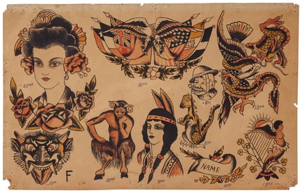 Satyr and Other Tattoo Designs by Sailor Jack (America, ca. 1925) 11 x 17 in. (27.9 x 43.2 cm.)