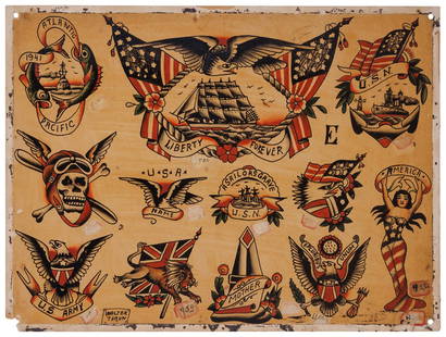 WWII US Army, Navy and Air Corps Tattoo Designs by Walter Torun (San Diego, ca. 1941) 12 x 16 in.: WWII US Army, Navy and Air Corps Tattoo Designs by Walter Torun (San Diego, ca. 1941) Hand-painted tattoo flash by Walter Torun (1893-1944), San Diego, California, ca. 1941. Ink and watercolor on