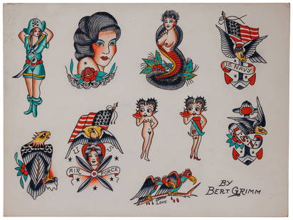 Traditional Tattoo Designs by Bert Grimm (California or Oregon, ca. 1970) 15 x 20 in. (38.1 x 50.8: Traditional Tattoo Designs by Bert Grimm (California or Oregon, ca. 1970) Hand-painted tattoo flash by Bertram Cecil Grimm (1900-1985), California or Oregon, ca. 1970. Ink and watercolor on Crescent