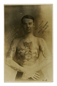 Postcard of Man Tattooed by Percy Waters (Detroit, ca. 1925) 3 1/2 x 5 1/2 in. (8.9 x 14 cm.)
