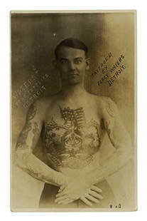 Postcard of Man Tattooed by Percy Waters (Detroit, ca. 1925) 3 1/2 x 5 1/2 in. (8.9 x 14 cm.): Postcard of Man Tattooed by Percy Waters (Detroit, ca. 1925) Depicting John DeSha Barker (1892-1954), tattooed by Percy Waters. Real photo postcard (rppc) sold by tattoo artist and supplier Percy