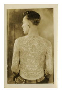 Postcard of Madonna Back Piece Tattooed by Dad Liberty (Boston, ca. 1930) 5 1/2 x 3 1/2 in. (14 x: Postcard of Madonna Back Piece Tattooed by Dad Liberty (Boston, ca. 1930) Depicting Nathaniel Sichel's "Madonna and Child" on the back of Cassius Ezra Church (1894-1972), tattooed by Boston
