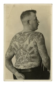 Postcard of Tattoo Artist "Soldier Mack" (America, ca. 1935) 5 1/2 x 3 1/2 in. (14 x 8.9 cm.)