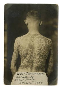 Photograph of Man Tattooed by "Sailor Patsy" (America, ca. 1924) 5 3/4 x 4 in. (14.6 x 10.2 cm.): Photograph of Man Tattooed by &quot;Sailor Patsy&quot;(America, ca. 1924)Depicting tattooed man George F. Newington, tattooed by Patrick &quot;Sailor Patsy&quot; Costello, America, ca. 1924. Inscribed