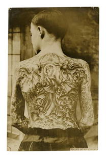 Photograph of Boy Tattooed by Charlie Wagner (New York, ca. 1921) 5 1/2 x 3 1/2 in. (14 x 8.9 cm.): Photograph of Boy Tattooed by Charlie Wagner(New York, ca. 1921)Depicting the back of sixteen-year-old Charles Craddock (1904-1986), tattooed by famed Bowery tattoo artist Charlie Wagner (1876-1953).