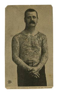 Tattoo Artist John Williams (London, ca. 1897) 4 x 2 1/2 in. (10.2 x 6.4 cm.): Tattoo Artist John Williams(London, ca. 1897)Depicting British tattoo artist John Williams (1853-1899). Printed photograph by Gambier Bolton, cut from Strand Magazine and mounted to cardstock, London,