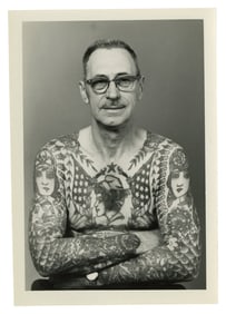 Photograph of Tattoo Artist Karl Bumpus (Ohio, ca. 1955) 5 x 3 1/2 in. (12.7 x 8.9 cm.)