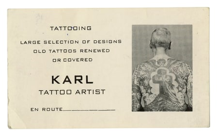 Karl Bumpus Tattoo Artist Business Card (Ohio, ca. 1950) 2 1/4 x 3 1/2 in. (5.7 x 8.9 cm.)