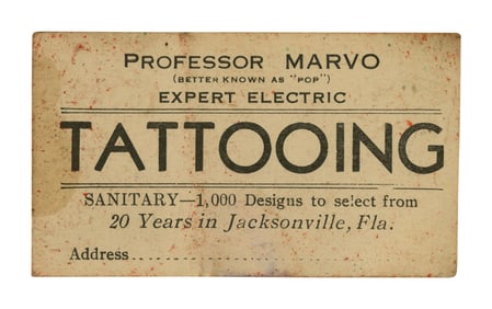 "Professor Marvo" Tattoo Artist Business Card (Jacksonville, Florida, ca. 1940) 2 x 3 1/2 in. (5.1 x