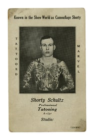 Shorty Schultz Tattoo Artist Oversize Business Card (Chicago, ca. 1920) 4 x 2 1/2 in. (10.2 x 6.4