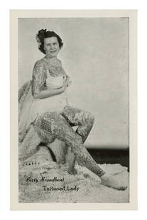 Photograph of Tattooed Lady Betty Broadbent (America, ca. 1963) 5 1/2 x 3 1/2 in. (14 x 8.9 cm.): Photograph of Tattooed Lady Betty Broadbent(America, ca. 1963)Showing legendary tattooed lady and tattoo artist Betty Broadbent (1909-1983), America, ca. 1963. Bowery artists Charlie Wagner and Joe Va