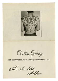 King Arthur Tattoo Christmas Card (England, ca. 1965) Open: 7 3/4 x 5 1/2 in. (19.7 x 14 cm.): King Arthur Tattoo Christmas Card(England, ca. 1965)Holiday Christmas card from British tattoo artist King Arthur Bishop, England, ca. 1965. Featuring a photograph of one of Arthur's Christmas back pi
