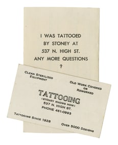 "Stoney" St. Clair Tattoo Artist Business Card and Novelty Joke Card (Columbus, OH, ca. 1960)