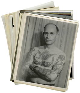 Collection of Eighteen Large Tattoo Photographs (America, ca. 1950) 10 x 8 in. (25.4 x 20.3 cm.): Collection of Eighteen Large Tattoo Photographs(America, ca. 1950)This lot is partially illustrated.Consisting of eighteen [18] photographs, mostly of tattoo artists and tattooed men, including the ba