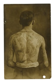 Postcard of Man with Buffalo Bill Tattoo (America, ca. 1915) 5 1/2 x 3 1/2 in. (14 x 8.9 cm.)