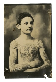 Postcard of Boy Tattooed by Charlie Wagner (Detroit, ca. 1925) 5 1/2 x 3 1/2 in. (14 x 8.9 cm.)