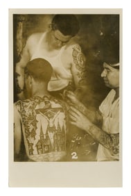 Postcard of Tattoo Artist Bert Grimm (America, ca. 1950) 5 1/2 x 3 1/2 in. (14 x 8.9 cm.)