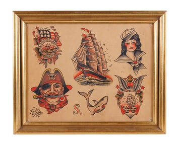 "Sailor's Last Port" and Other Tattoo Designs by Fred Day (Newport, RI, ca. 1945) 11 x 14 in. (27.9