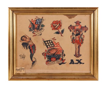 "Sailor's Grave" and Other Tattoo Designs by Fred Day (Newport, RI, ca. 1945) 11 x 14 in. (27.9 x