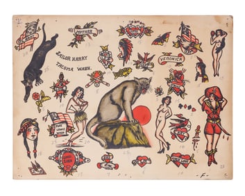 Black Panther and Other Traditional Tattoo Designs by "Sailor" Harry Gunther (Tacoma, ca. 1945) 15 x