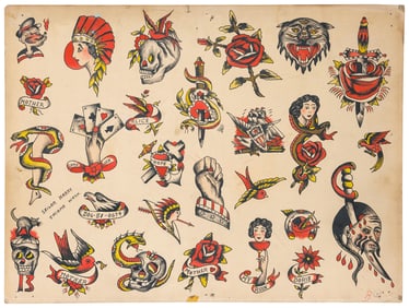 Popeye and Other Traditional Tattoo Designs by "Sailor" Harry Gunther (Tacoma, ca. 1945) 15 x 20 in.