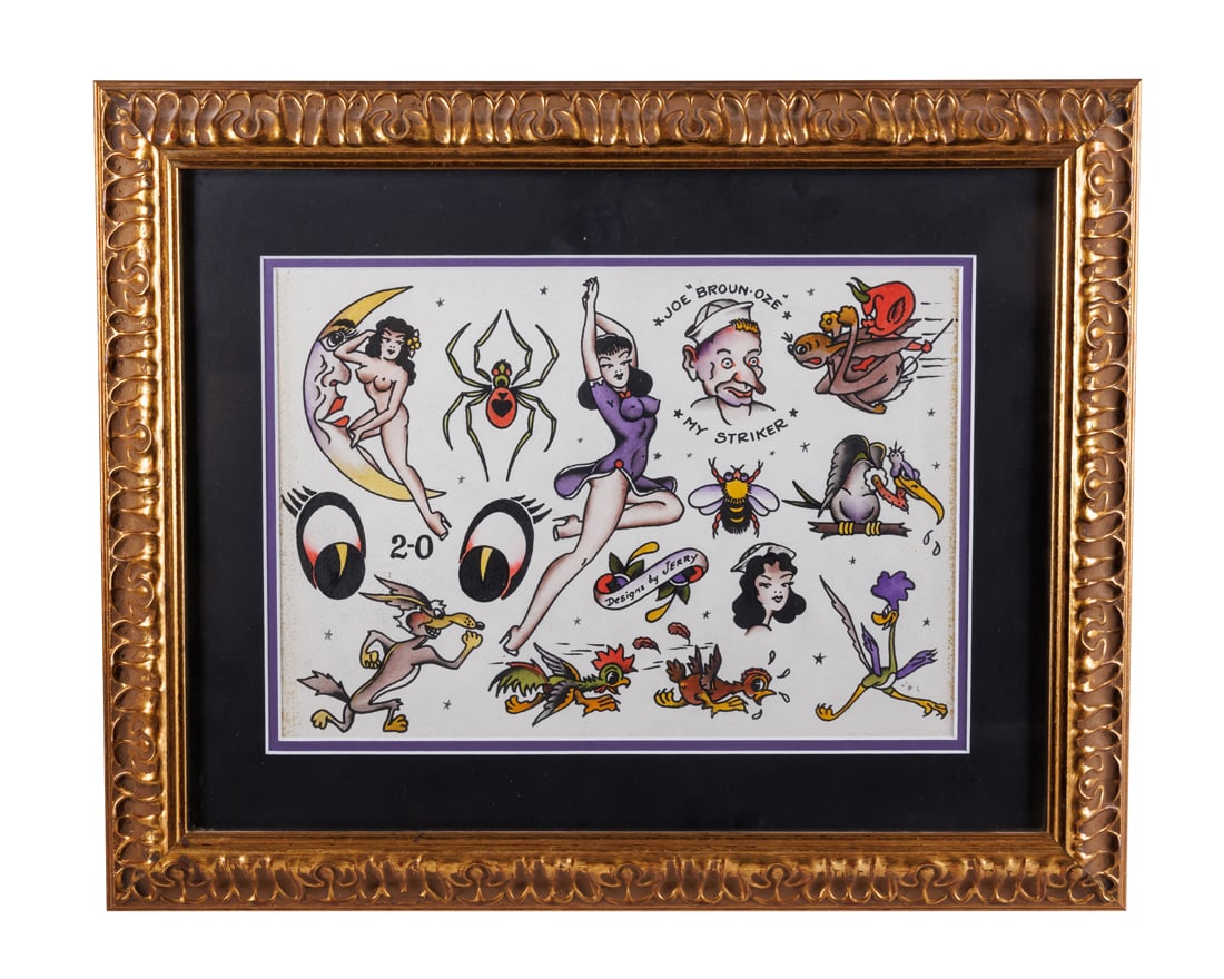 Tattoo Designs by "Sailor Jerry" Collins (Honolulu, ca. 1960) Site: 11 x 14 in. (27.9 x 35.6 cm.),: Tattoo Designs by "Sailor Jerry" Collins(Honolulu, ca. 1960)Hand-painted tattoo flash by Norman Keith Collins (1911-1973), better known as "Sailor Jerry," Honolulu, Hawaii, ca. 196