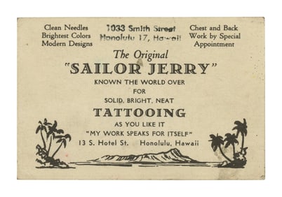 "Sailor Jerry" Collins Tattoo Artist Oversize Business Card (Honolulu, ca. 1950) 2 1/2 x 3 3/4 in.