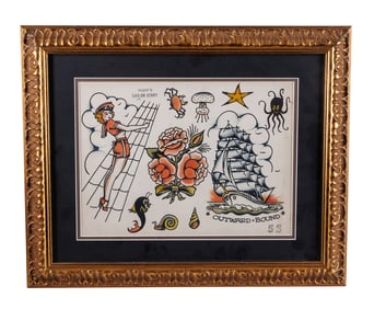 "Outward Bound" Tattoo Design by "Sailor Jerry" Collins (Honolulu, ca. 1950) Site: 11 x 14 in. (27.9