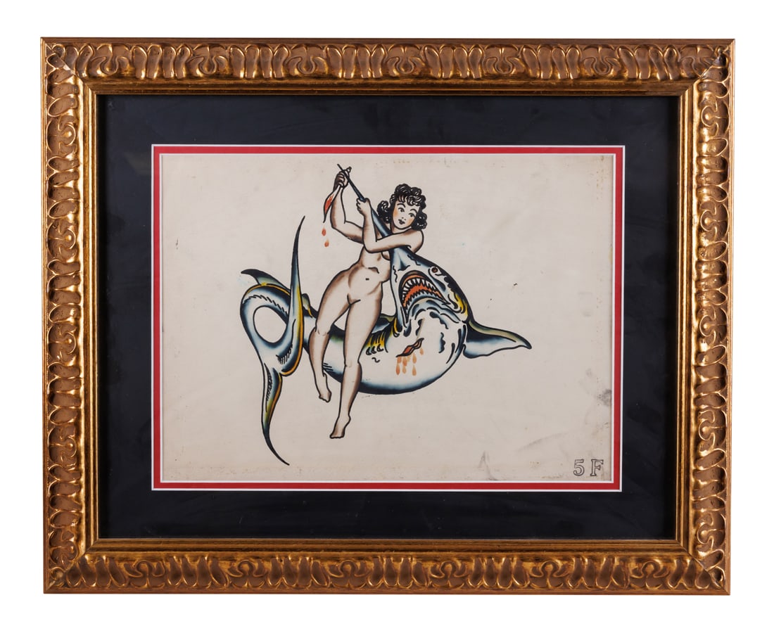 Swordfish Tattoo Design By "Sailor Jerry" Collins (Honolulu, ca. 1950) Site: 11 x 14 in. (27.9 x: Swordfish Tattoo Design By "Sailor Jerry" Collins(Honolulu, ca. 1950)Hand-painted tattoo flash by Norman Keith Collins (1911-1973), better known as "Sailor Jerry," Honolulu, Hawaii